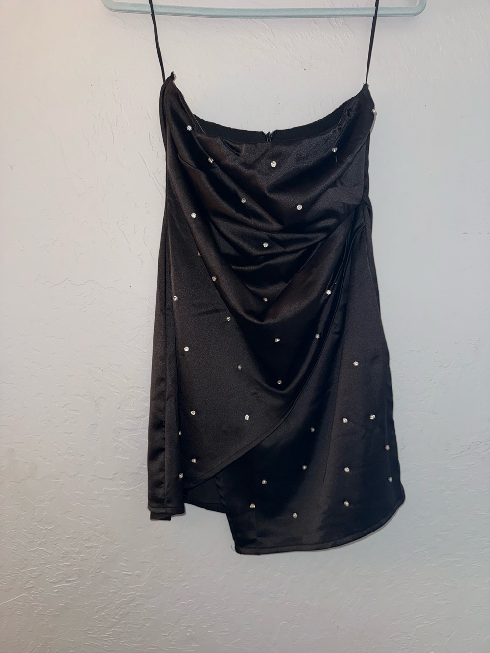 Hello Molly Black Asymmetrical Satin Mini Skirt with Rhinestone Studs